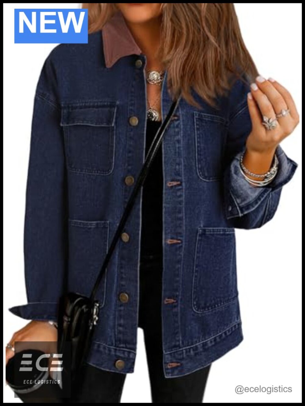 Womens Oversized Denim Jacket Corduroy Collar Drop Shoulder Jean Coat